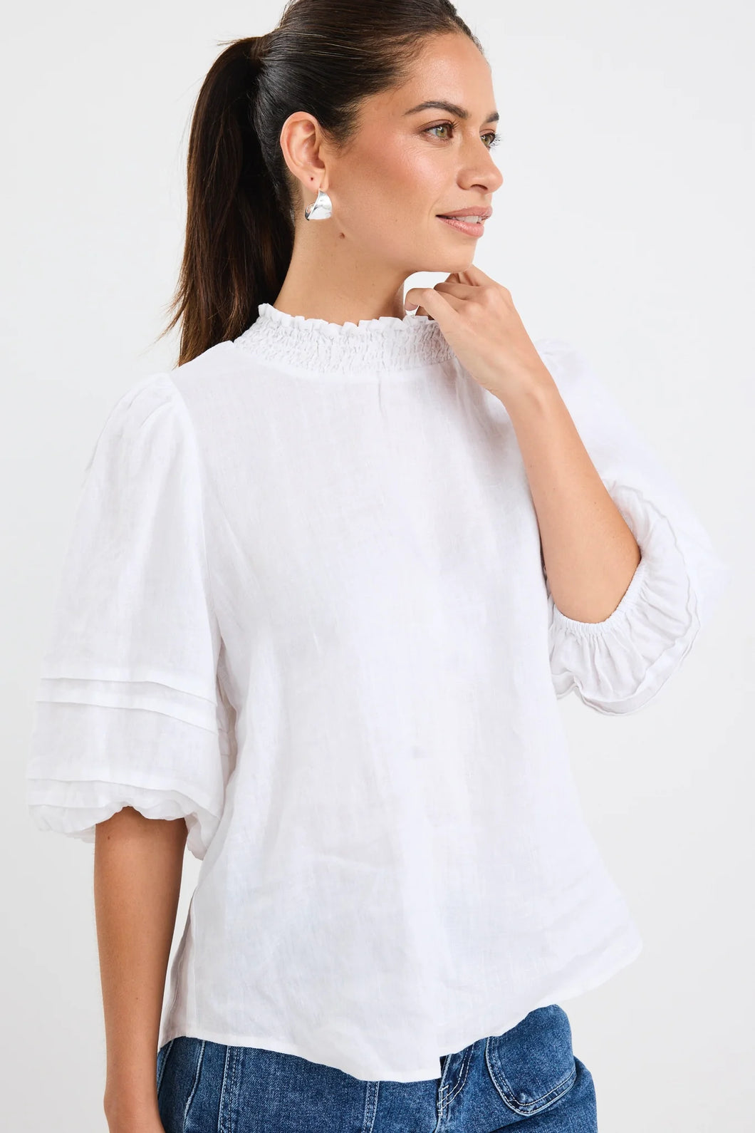 Ivy + Jack Polished Linen High Neck Pleat Sleeve Top - White Arriving Saturday