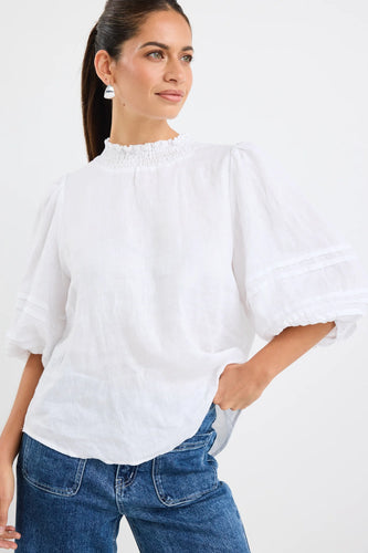 Ivy + Jack Polished Linen High Neck Pleat Reversible Sleeve Top - White Hyde Boutique