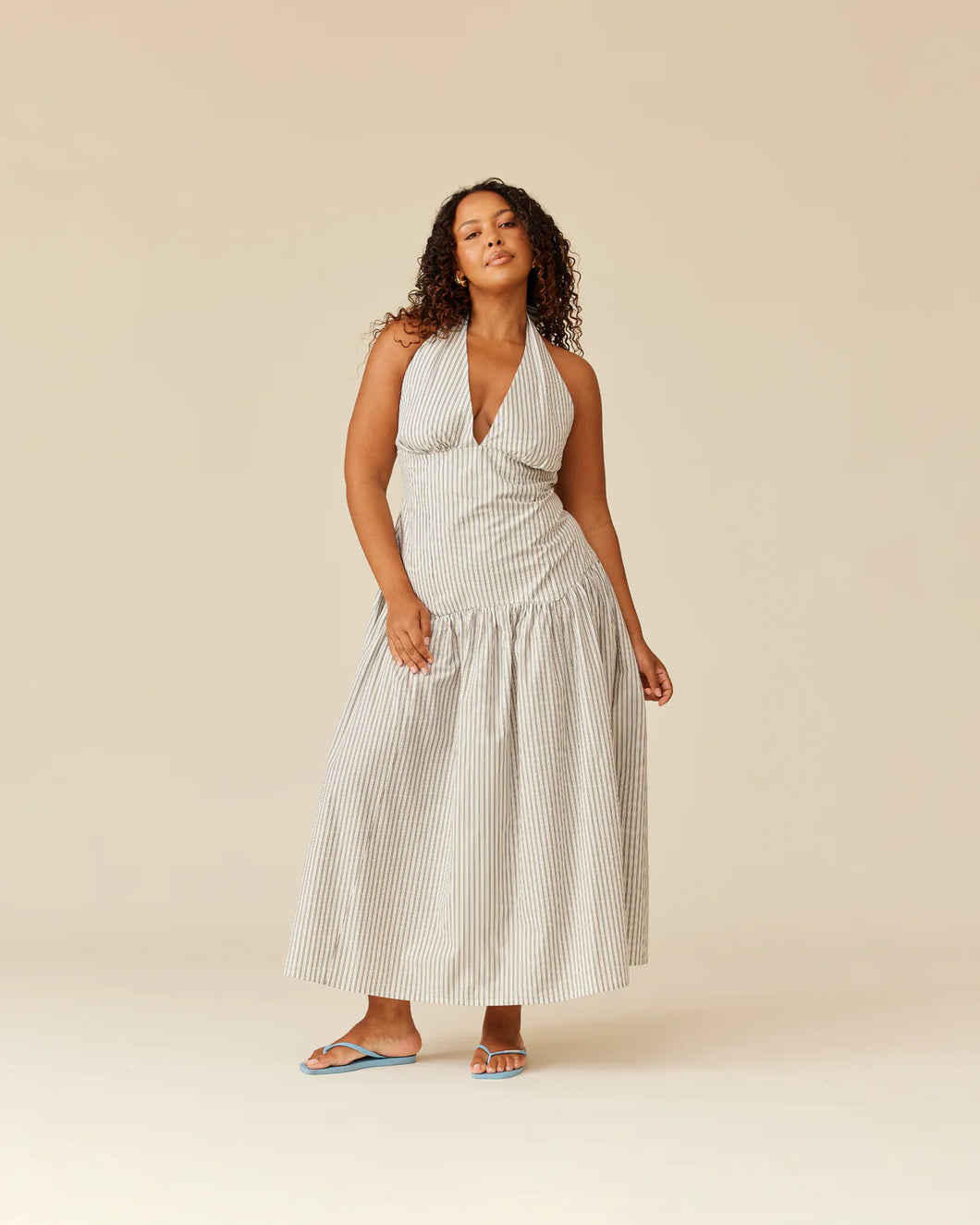 Ruby Relaxe Halter Dress - Olive Stripe