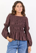 Load image into Gallery viewer, Among The Brave Required - Chocolate LS Shirred Bodice Top Hyde Boutique
