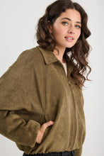 Load image into Gallery viewer, Stories Be Told Troupe Mock Suede Zip Through Bubble Hem Jacket - Khaki Apparel > Women > Clothing > Jackets > Faux Leather Jackets > Bubble Hem Jackets > Stories Be Told Hyde Boutique
