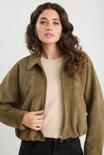 Load image into Gallery viewer, Stories Be Told Troupe Mock Suede Zip Through Bubble Hem Jacket - Khaki Apparel > Women > Clothing > Jackets > Faux Leather Jackets > Bubble Hem Jackets > Stories Be Told Hyde Boutique
