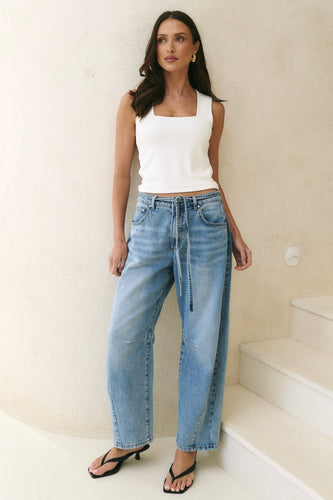 Stories Be Told Campus Tie Waist Barrel Jeans - Light Blue Hyde Boutique