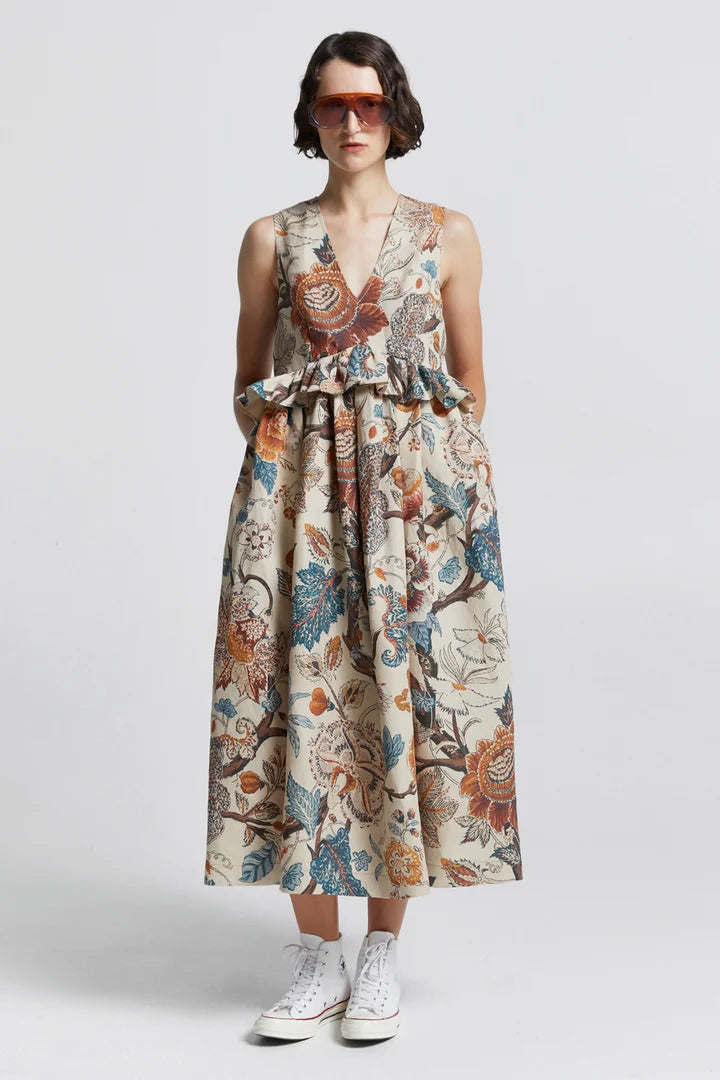Karen Walker Cordyline Dress - Edwardian Floral Linen Sand  Hyde Boutique   