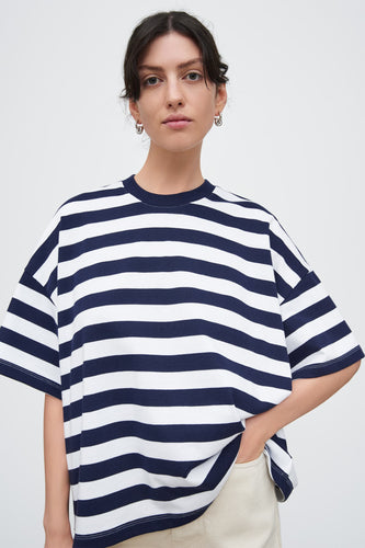 Kowtow Oversized Boxy Tee - Navy White Stripe Shirts & Tops Kowtow   