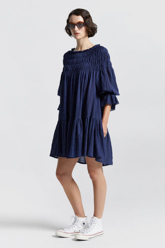 Karen Walker Prairie Organic Cotton Shirred Dress - Multi Stripe Navy  Hyde Boutique   