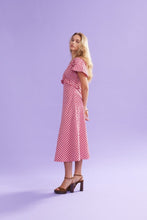 Load image into Gallery viewer, Ruby Petal Ruffle Midi Dress - Red Lilac Tartan Hyde Boutique
