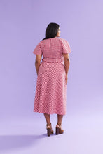 Load image into Gallery viewer, Ruby Petal Ruffle Midi Dress - Red Lilac Tartan Hyde Boutique
