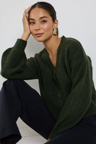 Among the Brave Wholesome Chunky Blousen Sleeve Cropped Cardigan - Dark Khaki Hyde Boutique